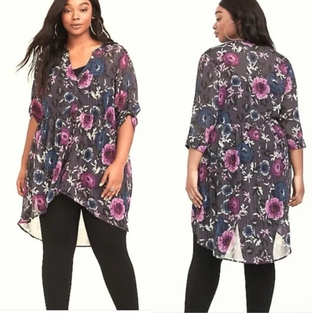 Torrid Lexie Grey & Purple Metallic Lurex
Chiffon Babydoll Tunic